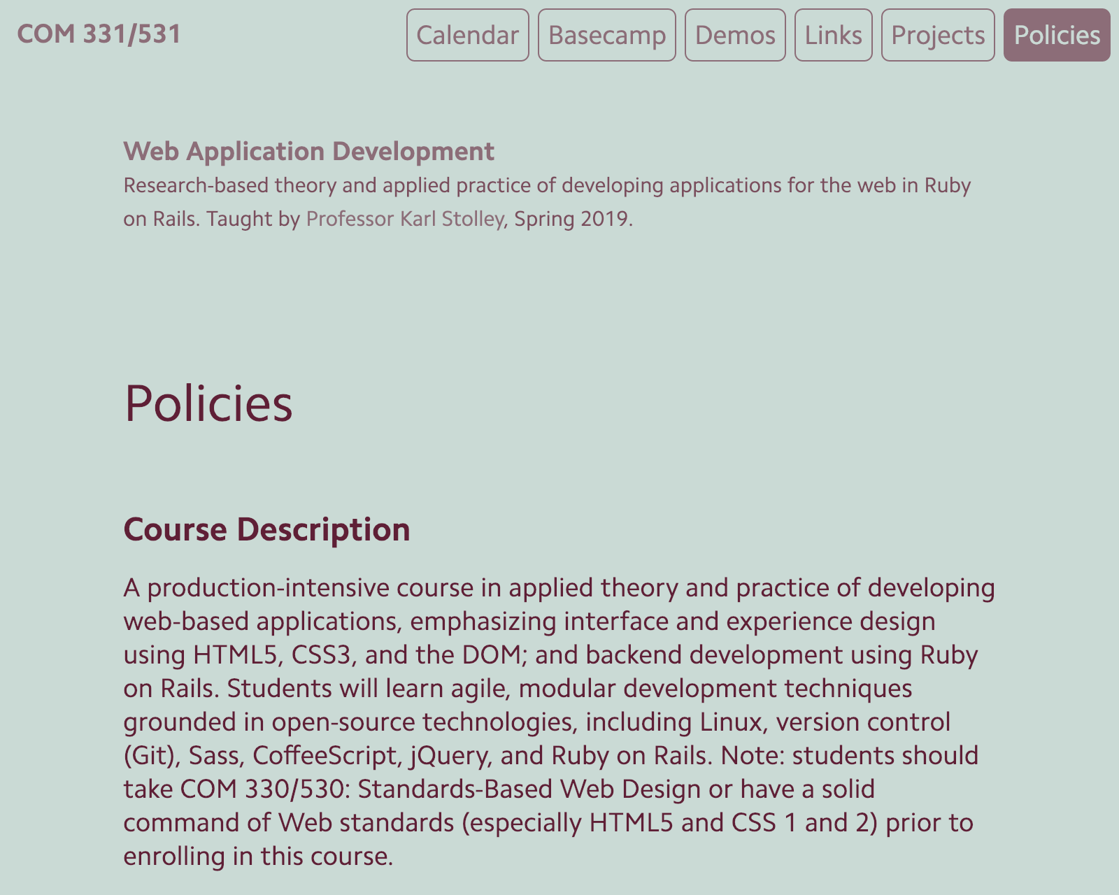 Screenshot of COM 331 course site.