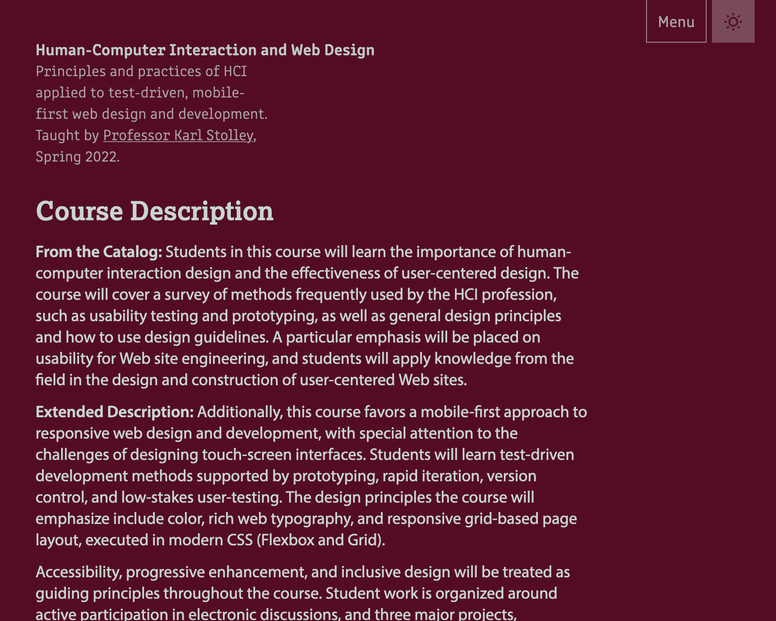 Screenshot of ITMD 362 site.