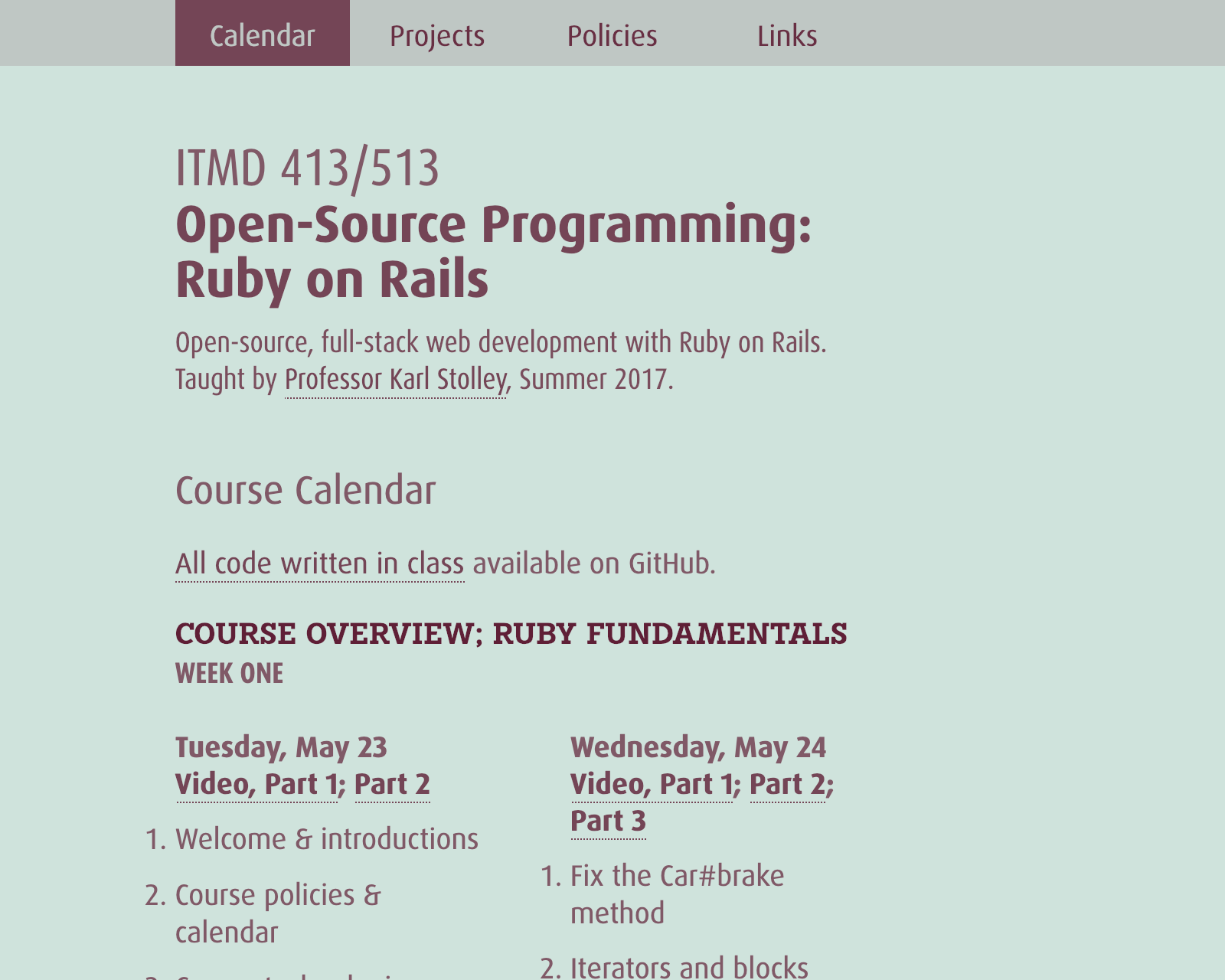Screenshot of ITMD 413 course site.